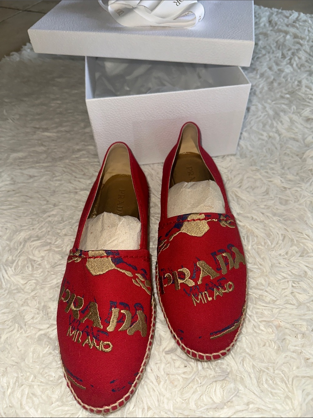 Prada Red Canvas Espadrilles with Gold Embroidered Logo - Picture 3 of 7
